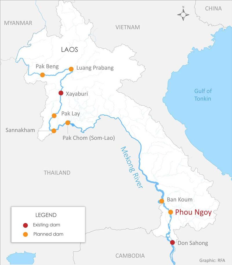 The map shows existing and planned hydropower dams along the Mekong River in Laos. Credit: RFA graphic