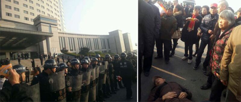 2013年12月12日,約千名浙江省東陽市江南名邸小區居民在市政府大樓外抗議遷入電鍍廠,當局派出逾百警力戒備,有老年居民被警察推倒地上。(示威居民拍攝)