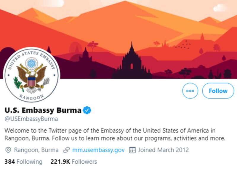 美國駐緬甸大使館的社群帳號徽章,同樣僅有標註所在城市例仰光。(美國駐緬甸大使館推特)