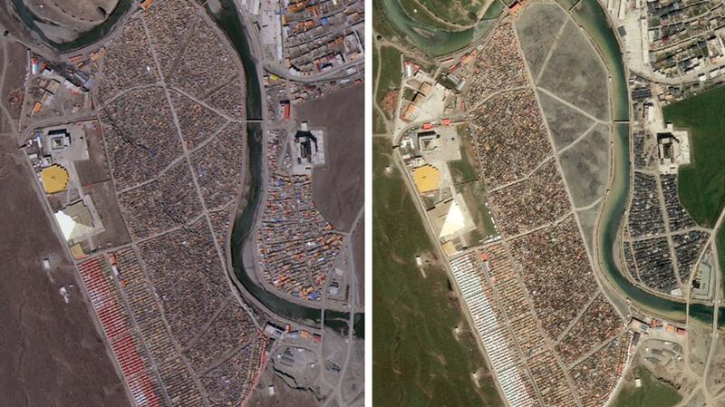 Satellite images of the Yarchen Gar Buddhist center on April 3, 2018 (L) and Aug. 24, 2019.