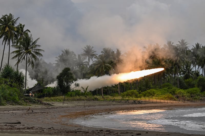 A High Mobility Artillery Rocket System (HIMARS) projectile is launched as part of a counter-landing live fire exercise during the annual US-Philippines joint military "Balikatan" exercise in Rizal, Palawan, Philippines, April 28, 2025.