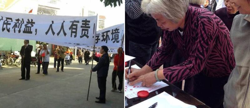 左图： 逾千名美德村村民，周一(11月25日)高舉多幅抗議橫額遊行到鎮政府抗議，反對當局強行興建垃圾場。右图： 村民在村內發起簽名行動，至今已有逾千名村民簽名反對興建垃圾場。（相片由村民提供）