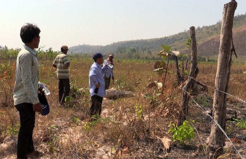 គណៈកម្មការ​សហគមន៍​ព្រៃ​ឈើ​សាមគ្គី​ភ្នំ​ជាំម្លូ និង​មន្ត្រី​ស៊ើប​អង្កេត​នៃ​សមាគម​អាដហុក (ADHOC) ចុះ​ពិនិត្យ​បង្គោលព្រំ​សីមា​សហគមន៍​ដែល​ត្រូវ​បាន​គេ​លួច​ដក​ចេញ​ពី​ទីតាំង​ដើម និង​ដី​ព្រៃ​សហគមន៍​ដែល​រង​ការ​ឈូស​ទន្ទ្រាន​ហ៊ុមព័ទ្ធ​របង​យក​ធ្វើ​ជា​កម្មសិទ្ធិ​ឯកជន នៅ​ស្រុក​ឈូក ខេត្ត​កំពត។ រូបថត​ថ្ងៃ​ទី​២៤ ខែ​មីនា ឆ្នាំ​២០១៦ ដោយ យ៉ង ចាន់តារា