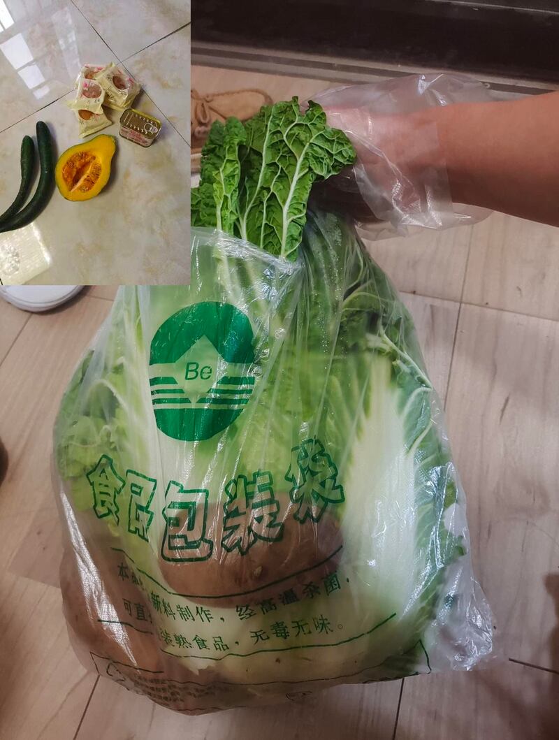 在被嚴厲封鎖的9天裡，甜蜜小鎮社區的家庭得到的救助，是一顆白菜，兩顆土豆，一盒午餐肉，兩根黃瓜，半片南瓜，以及幾個糕點。（知情人提供）