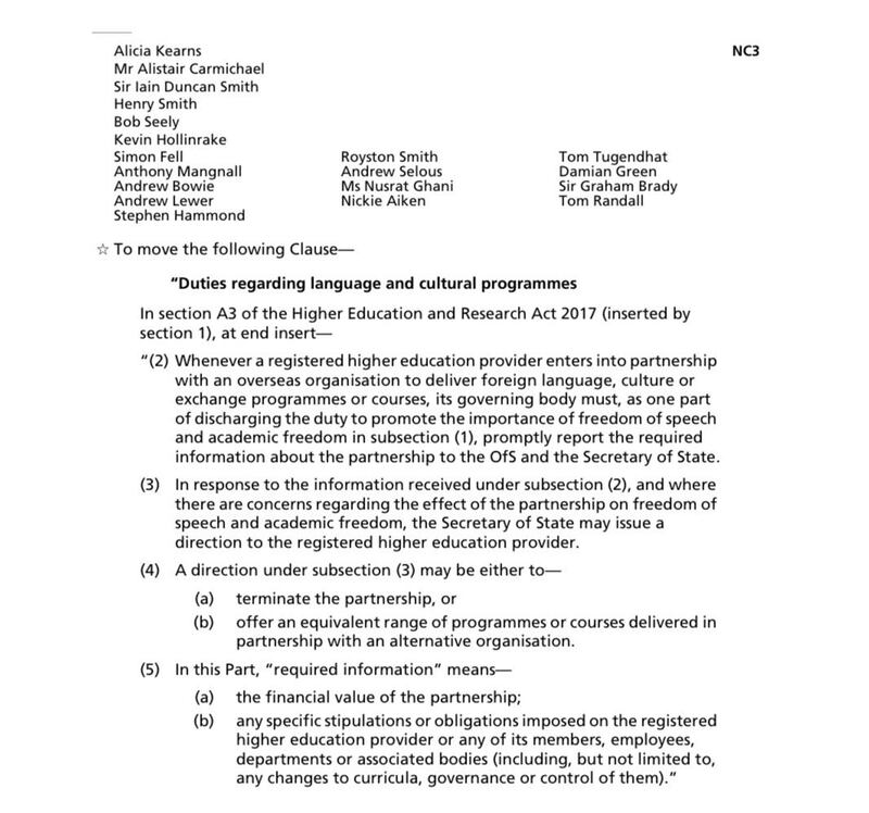 超過20名跨黨派國會議員上周聯署，要求在《高等教育（言論自由）法案》中加入條款，要求任何在英國註冊的高等教育機構與海外組織合作提供外語、文化和交流活動時，必須向政府匯報合作項目的資金訊息，以及機構所接受的條款，以保護言論及學術自由。（推特截圖）