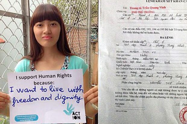 Huynh Thuc Vy is shown next to a search warrant served by police on Aug. 9, 2018.