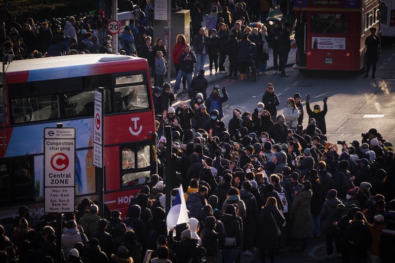 Protesters gather near the proposed site of the Chinese “mega-embassy” in London, March 15, 2025.