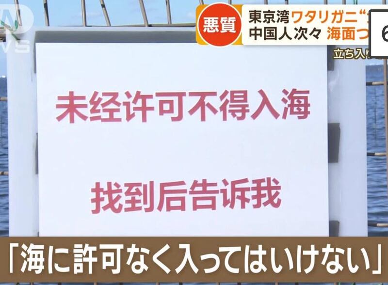 木更津市的「金田漁港」海邊沿岸的圍欄,張貼著「未經許可不得入海」的簡體中文警告標語。(《朝日電視台》新聞截圖)