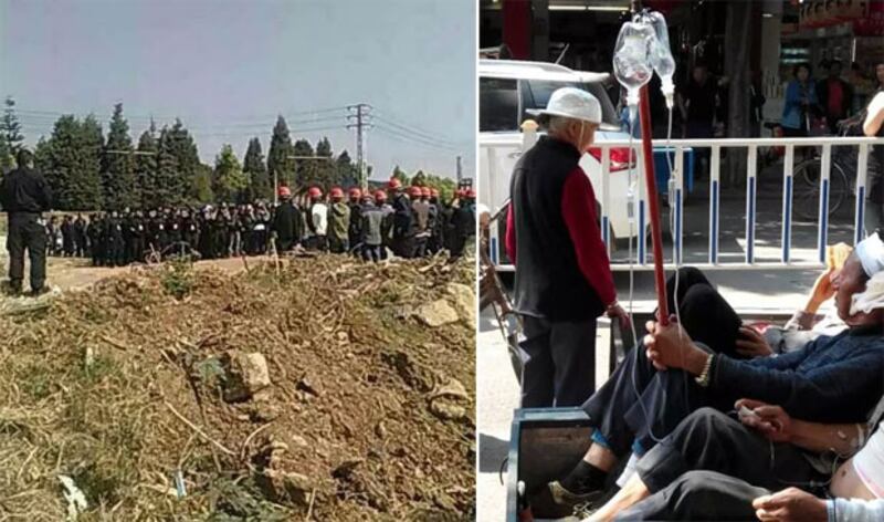 左圖: 2015年3月13日,雲南省彌勒市彌陽鎮大樹村,遭警察、流氓等近五百人,強行闖入征收農地。右圖:3月15日,大樹村村民手持大標語,抗議政府日前派員暴力強征打傷數十村民。(村民攝)