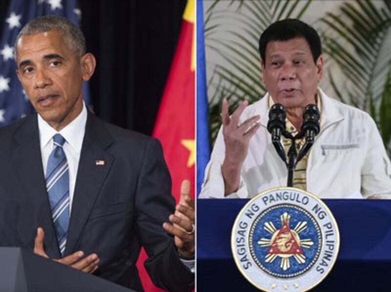 Hai bức ảnh được chụp vào ngày 05 tháng 9 năm 2016 cho thấy, ở bên trái, Tổng thống Mỹ Barack Obama phát biểu trong một cuộc họp báo sau khi kết thúc hội nghị thượng đỉnh G20 tại Hàng Châu, Trung Quốc, và ở bên phải, Tổng thống Philippines Rodrigo Duterte nói trong một báo chí hội nghị tại thành phố Davao, Philippines.