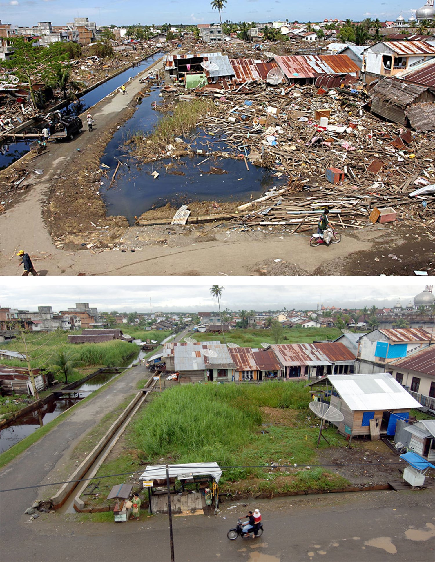 Top: Wreckage from the tsunami is seen in Meulaboh, a city in Aceh province, Indonesia, Dec. 31, 2004. Bottom: The same area is seen on Dec. 4, 2005.