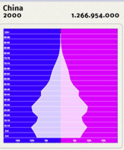 Biểu đồ dân số/tuổi tác của Trung Quốc năm 2000- Tài liệu của Cơ quan dân số Liên Hiệp Quốc.