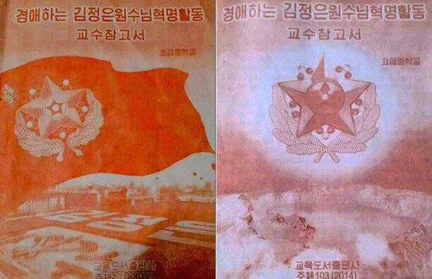 북한이 지난해 김정은 우상화 교육을 위해 배포한 초급중학교(중학교, 사진 왼쪽)와 고급중학교(고등학교)용 참고서의 표지.< 자유북한방송 제공 >