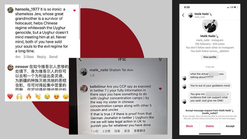 馬克在instagram上發布與高佑思的合影後,海外的維吾爾人和抗議者在發出質疑評論。流亡美國的坎比努爾·艾尼(Kalbinur Gheni)留言後,收到馬力克辱罵私信。(Instagram截圖 / 艾尼提供)
