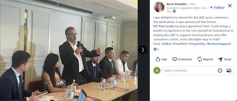 有记者在领英分享通吃点餐发布会的相片，可见史考利和公司创办人、英国华裔商人林瑞友同场。 （LinkedIn网页截图）