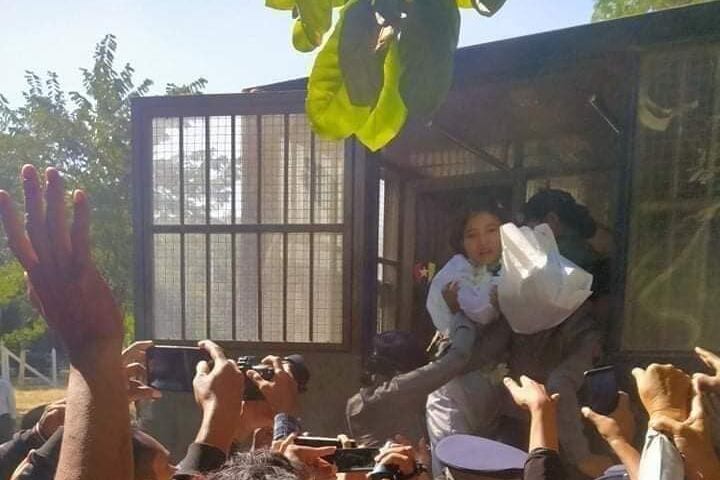 Thinzar Than Min outside of the Pakokku Township Court in Magwe, Myanmar, December 7, 2020.