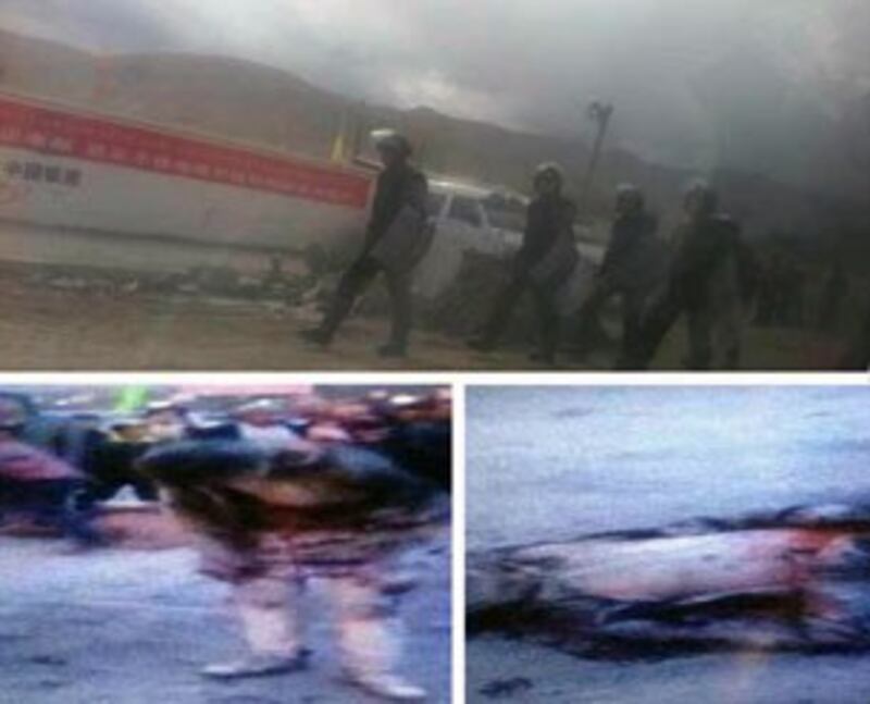 图片：杂多县自焚现场与其后的军警严控。（受访人提供）